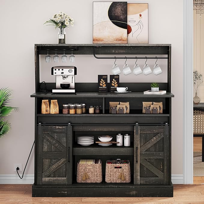 47" Coffee Bar with Goblet Holder & Power Outlet, Buffet Cabinets with Storage,