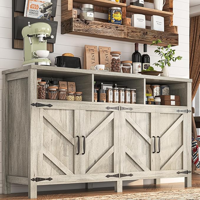 Buffet Sideboard with Storage Farmhouse with 4 Doors, 55'' Large Kitchen Storage