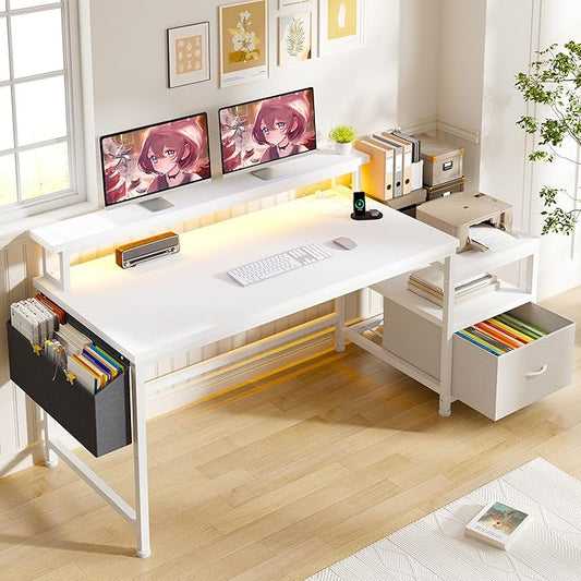 57" Office Desk with Drawers and Printer Space,Computer Desk with Power Outlets
