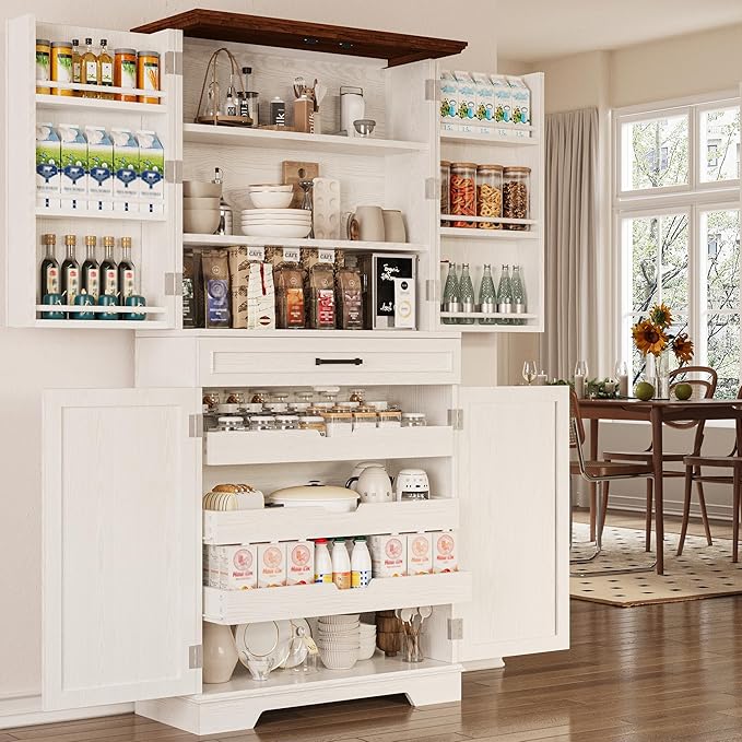 Farmhouse Kitchen Pantry Cabinet, 72" Height Tall Freestanding Cupboard with Sliding Storage Rack