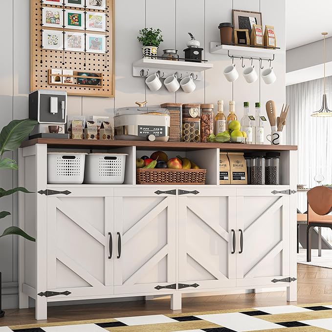 Buffet Sideboard with Storage Farmhouse with 4 Doors, 55'' Large Kitchen Storage